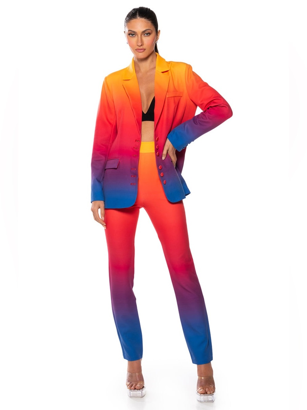 AKIRA Ombre Gradient Blazer & Pants Set in Yellow-Orange-Red-Blue